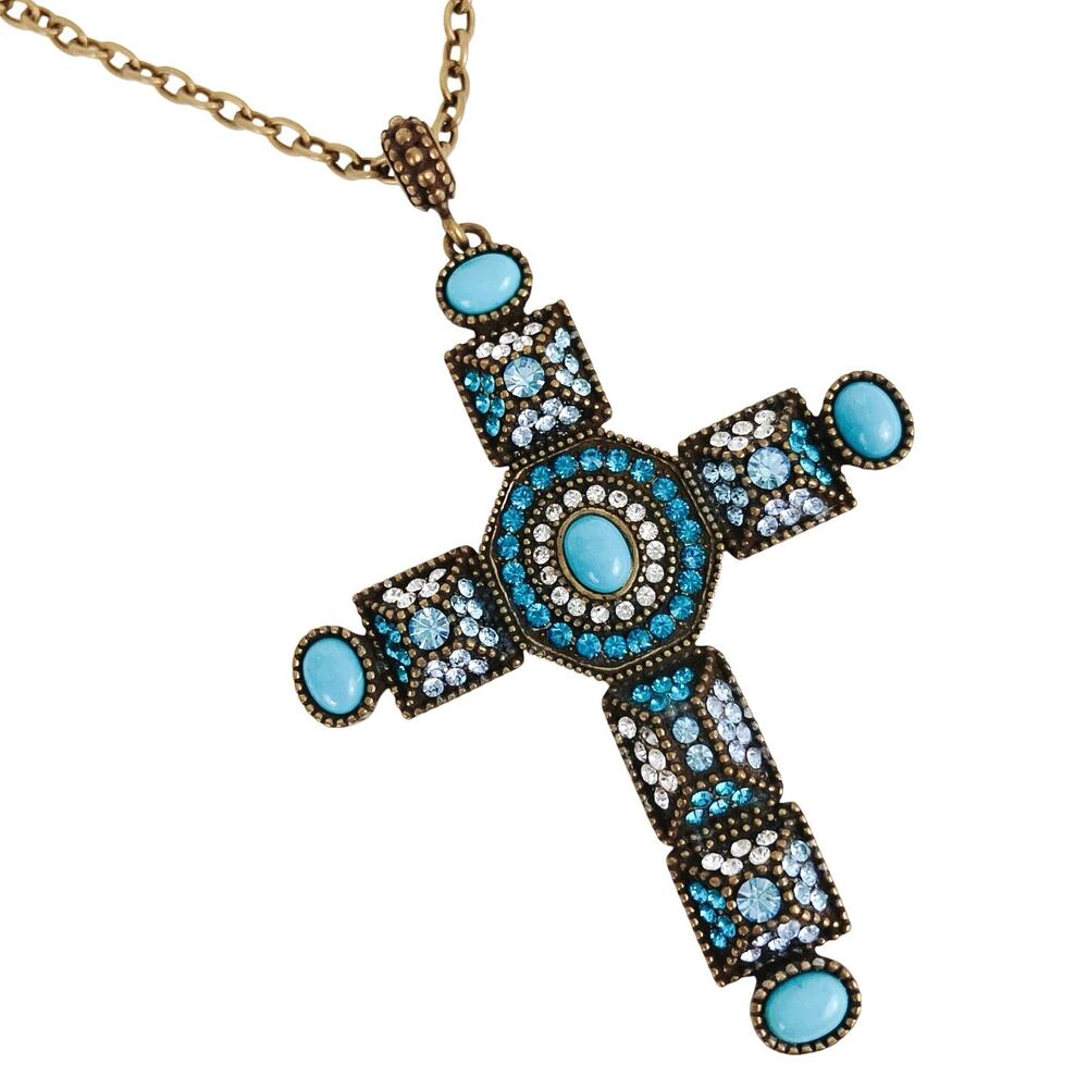 Real Collectibles by Adrienne Turquoise Large Blue Cross Rhinestone Necklace
